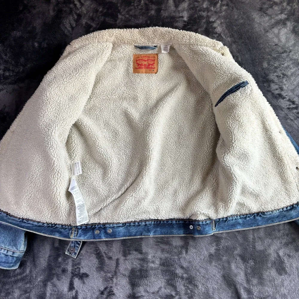 Levi's Mens Trucker Jacket M Blue Cotton Faux Fur Lined Denim Sherpa Coat
